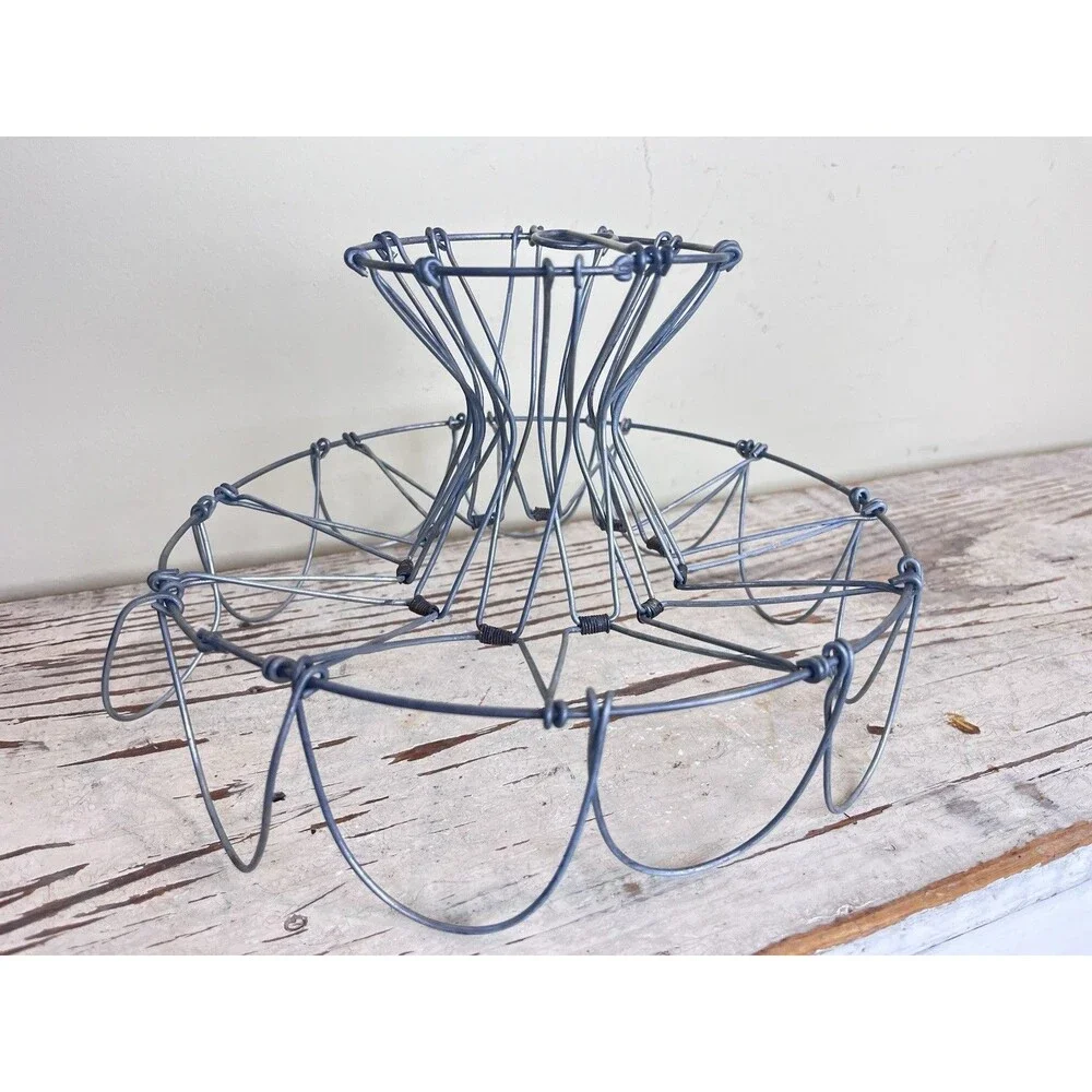Vintage French Pedestal Folding Wire Egg Basket / Serving Stand Rustic Cottage